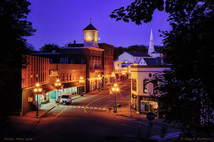 Main Street in Dexter, Maine at night