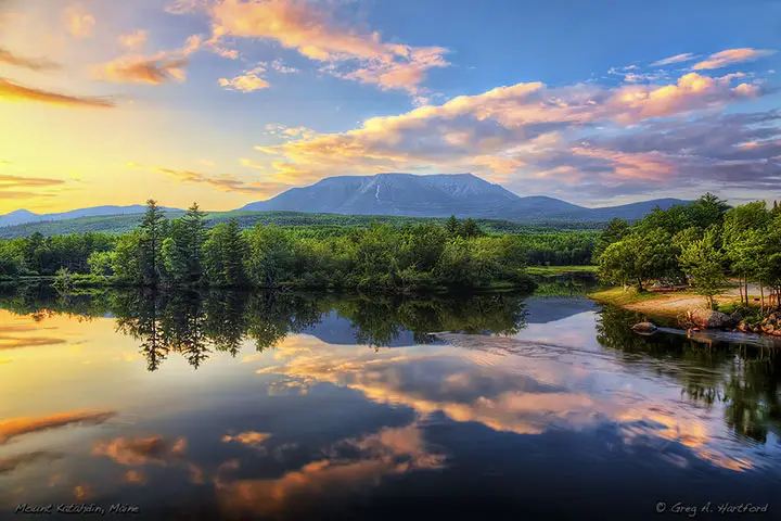 This sunset photo of Mount Katahdin was taken in July from Abol Bridge on the Golden Road in Northern Maine.